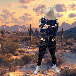 Luxe Camouflage Track Suit & Striped Detail - Black, Off-White & Red - Zip Up